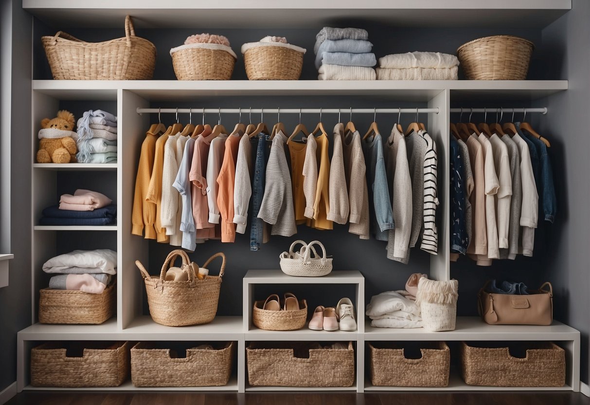 A neatly organized closet with shelves and baskets filled with baby clothes, maximizing storage in a small space