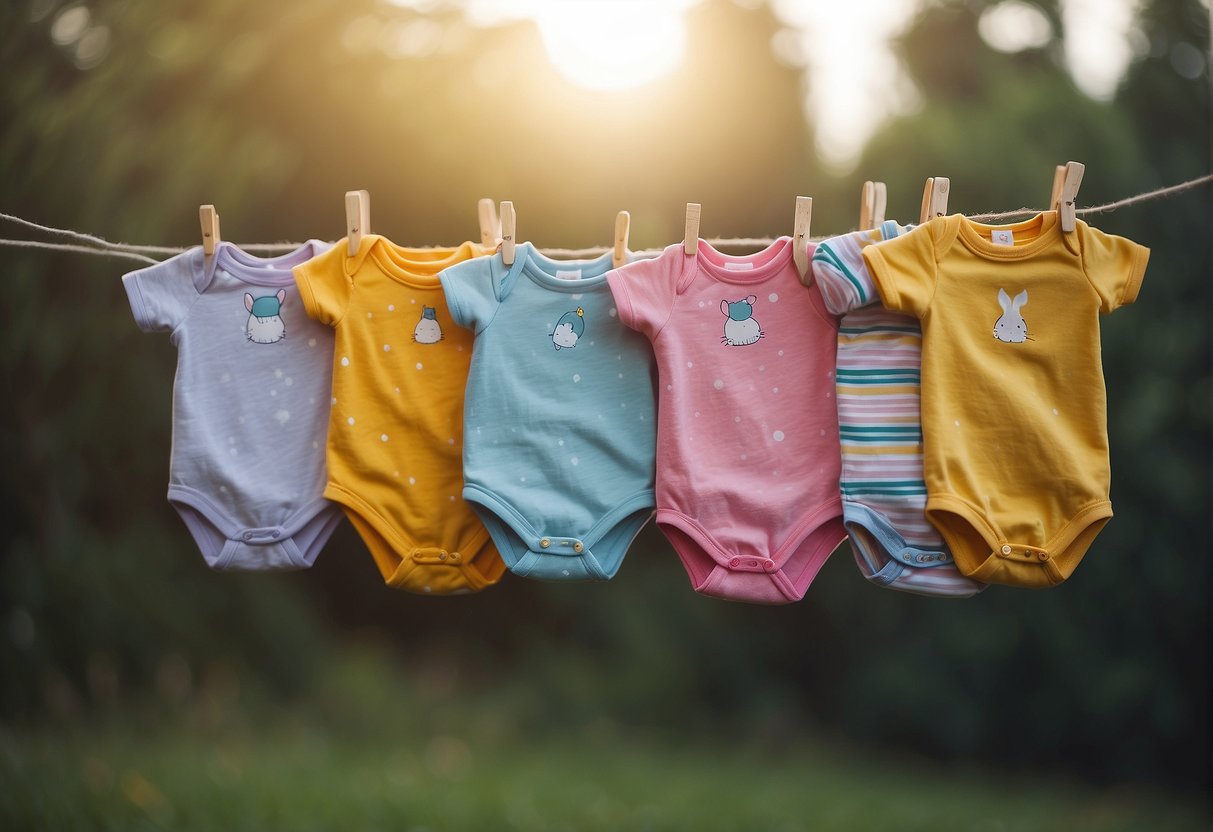 Colorful baby onesies and tiny socks scattered on a clothesline, with a cute romper and a soft blanket nearby