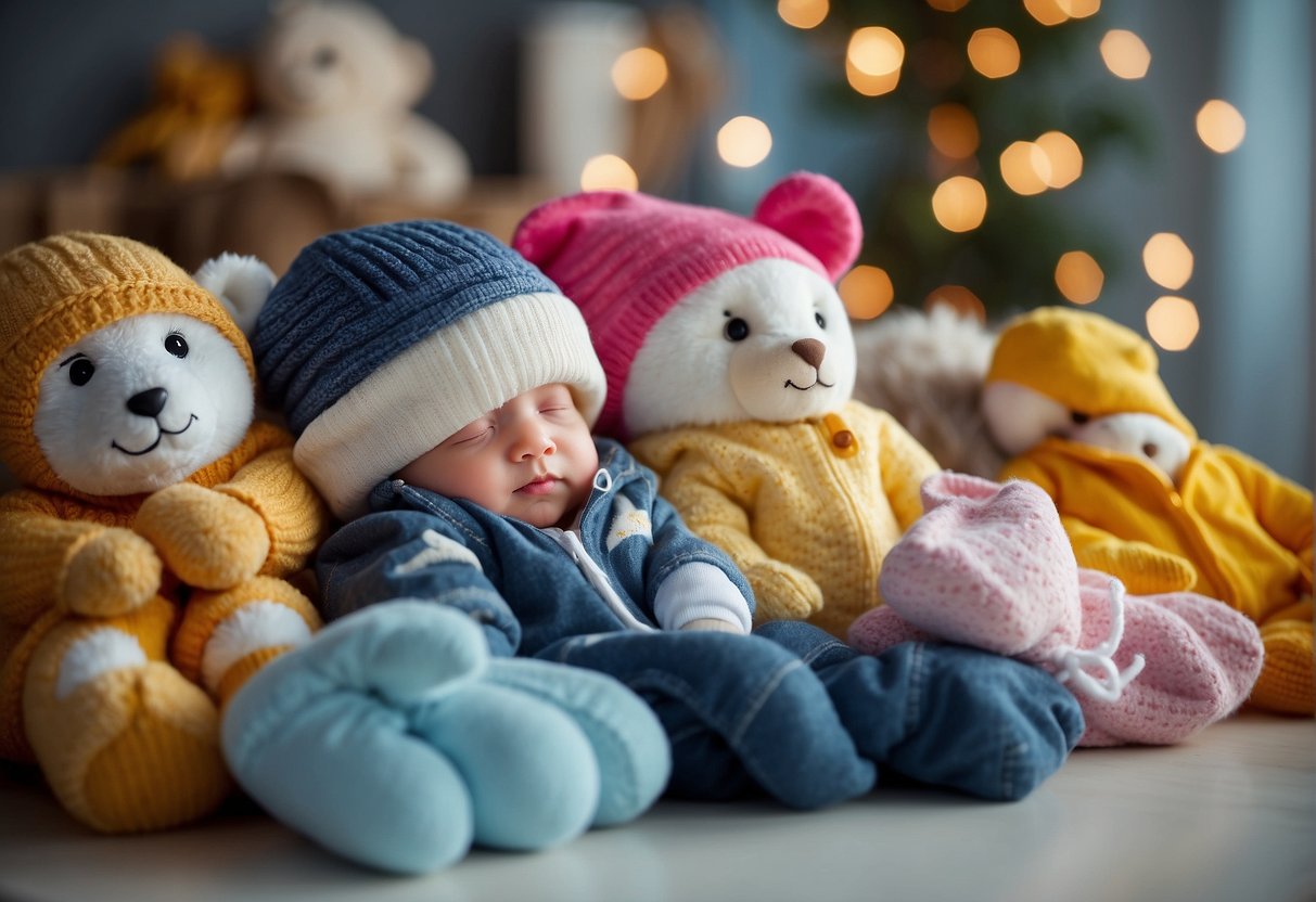 A colorful display of baby clothes for different seasons, including onesies, jackets, hats, and booties