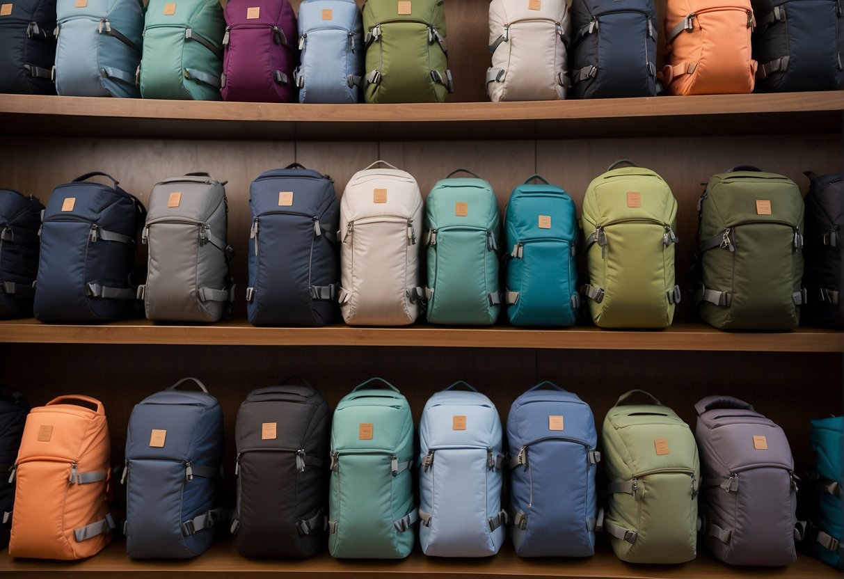 Various types of structured baby carriers displayed on a shelf. Different designs and colors