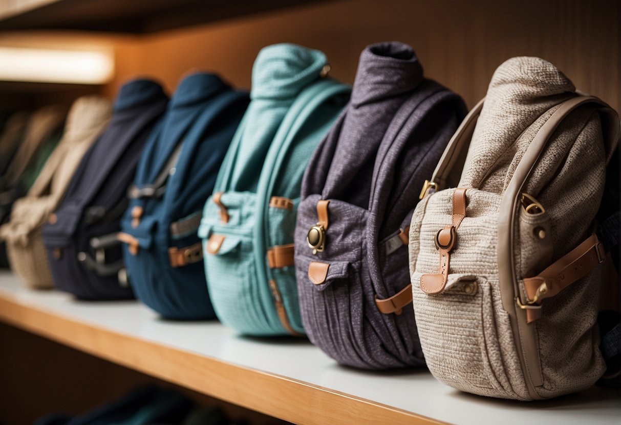 A variety of sling and baby carriers are displayed on a shelf, showcasing different styles and designs for parents to choose from