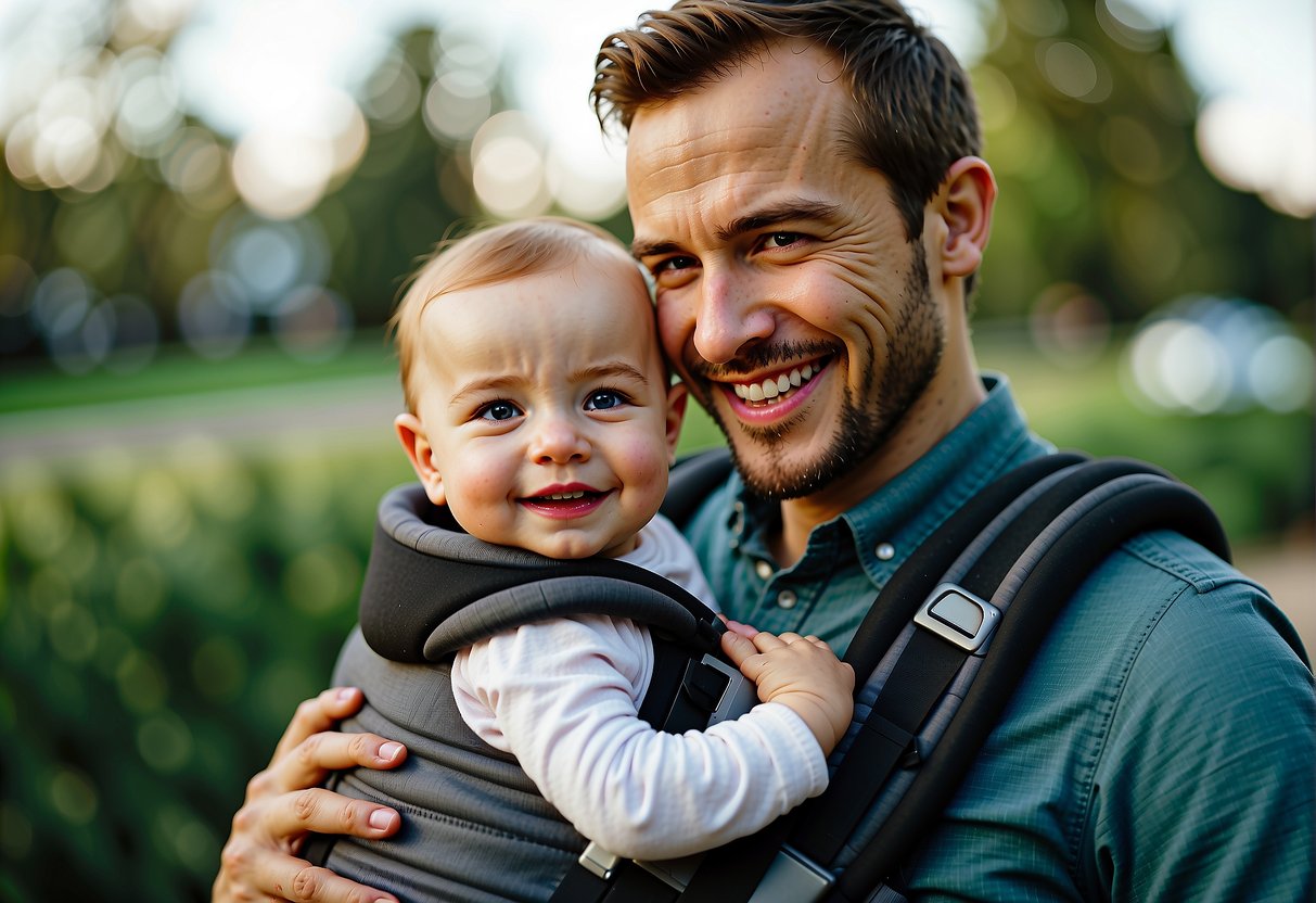 A smiling baby happily nestled in a comfortable, secure baby carrier, while the parent's hands are free to multitask