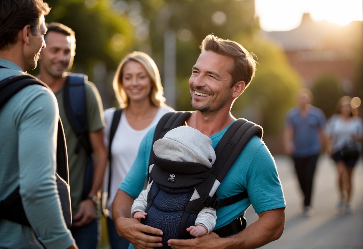 A baby carrier is shown with a smiling baby inside, surrounded by happy parents. The carrier is sturdy and comfortable, allowing for hands-free mobility
