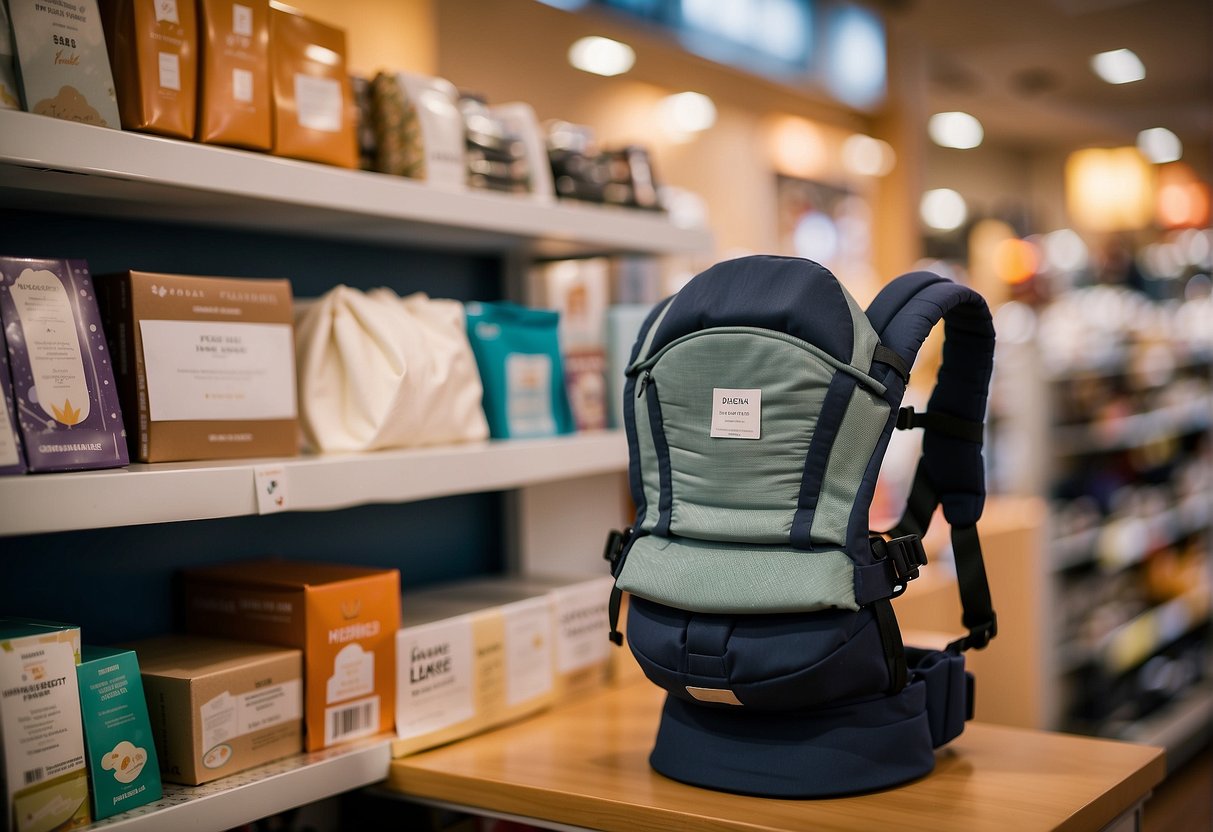 A baby carrier displayed on a shelf in a store, surrounded by various options and accessories. A price tag is visible, with a parent reading product information nearby