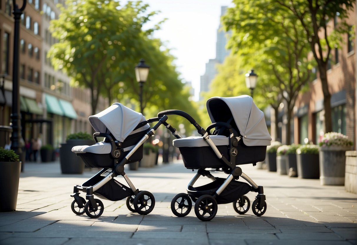 A sleek Silver Cross stroller stands tall, facing off against the modern Bugaboo model in a vibrant urban setting