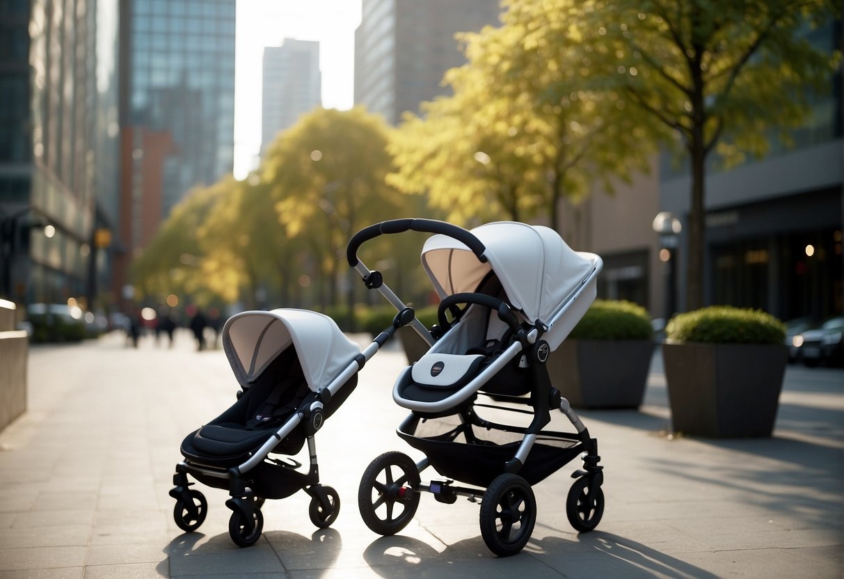 A Silver Cross stroller stands next to a Bugaboo stroller, both in a modern urban setting with tall buildings and bustling city life in the background