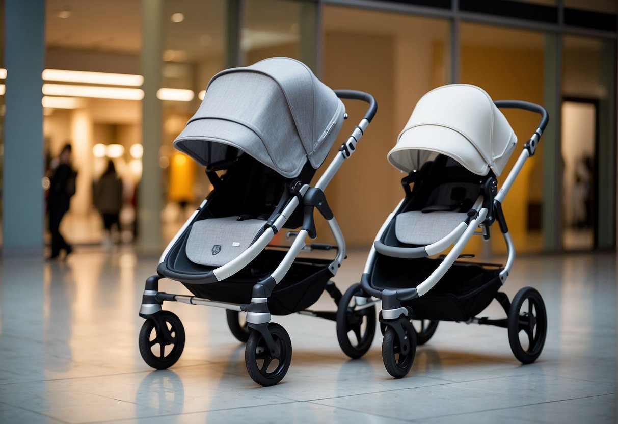 Two strollers side by side with price tags. Silver Cross on the left, Bugaboo on the right. Displayed in a retail setting with a clean, modern backdrop