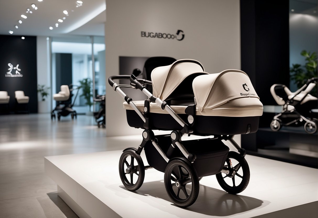 The Silver Cross and Bugaboo strollers stand side by side in a modern, minimalist showroom. Clean lines, sleek metallic finishes, and luxurious fabrics create an atmosphere of elegance and sophistication