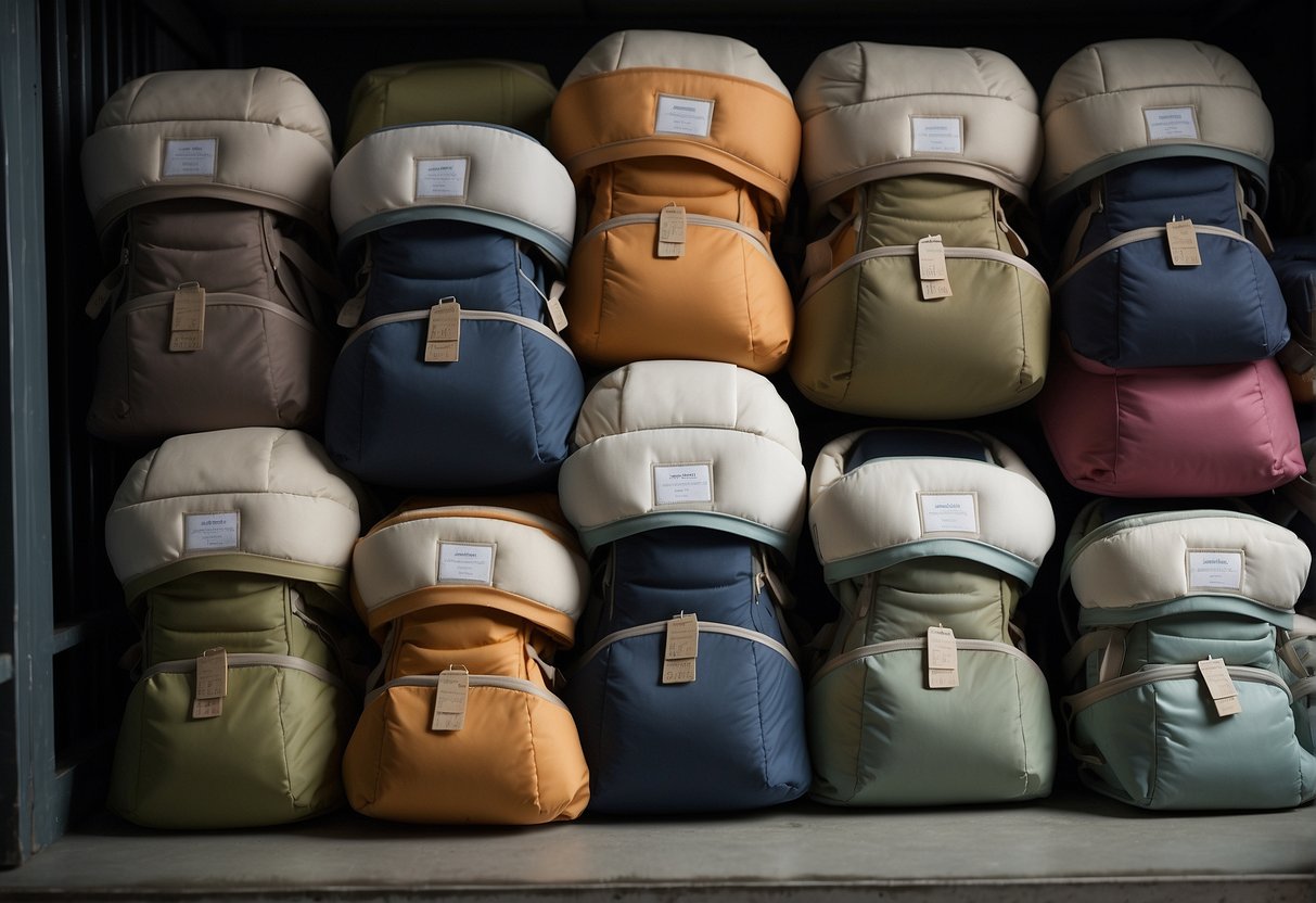 A stack of expired baby carriers, labeled with dates, sits in a dimly lit storage room