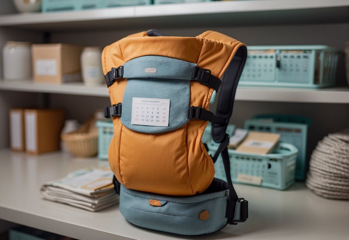 A baby carrier sits on a shelf, surrounded by a calendar showing expiration dates. The carrier is slightly faded and worn, with a tag clearly displaying an expiration date