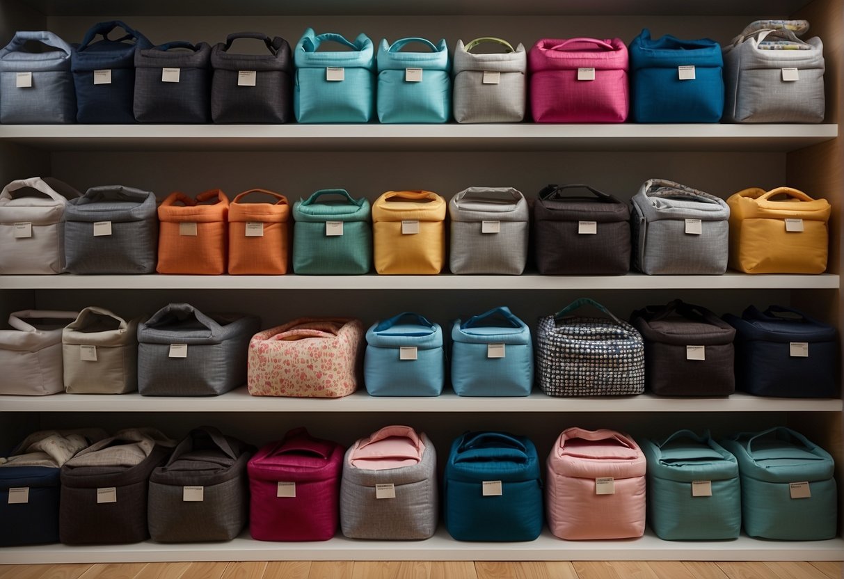 A shelf with various baby carriers, some in use, some stored. Labels show expiration dates and care instructions