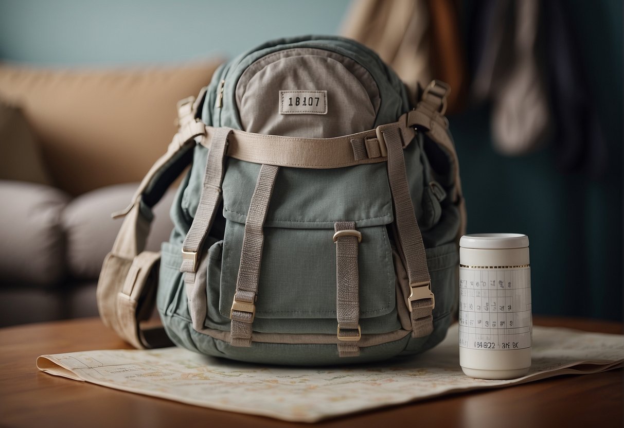 A worn-out baby carrier with frayed straps and faded fabric, sitting next to a calendar with an expiration date circled