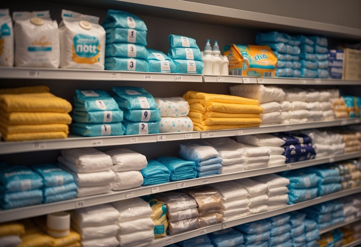 A shelf filled with various brands and sizes of diapers, with price tags displayed, surrounded by a calculator and a yearly calendar
