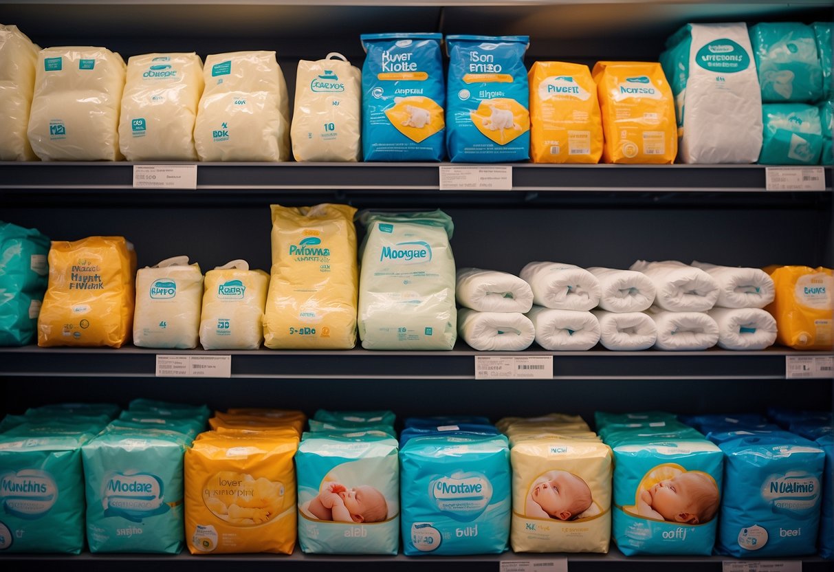 A stack of various diaper brands and sizes arranged on a shelf, with a price tag displaying the average cost per year