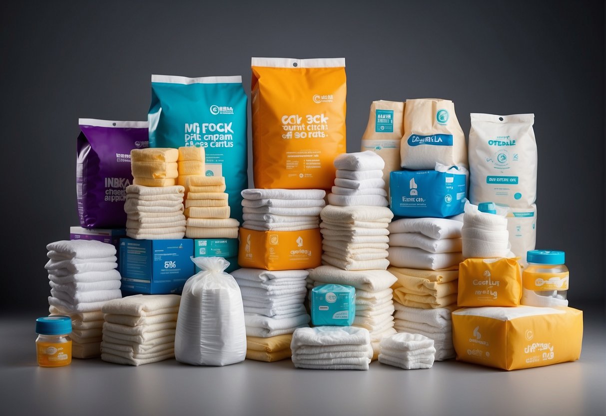 A stack of diapers of various sizes and brands, alongside a price chart showing the cost per year