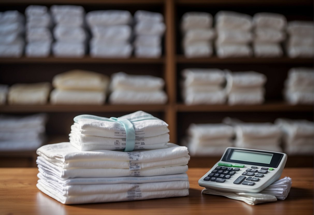 A pile of diapers stacked neatly on a shelf, with a calculator and budget spreadsheet nearby, representing the process of calculating yearly diaper expenses