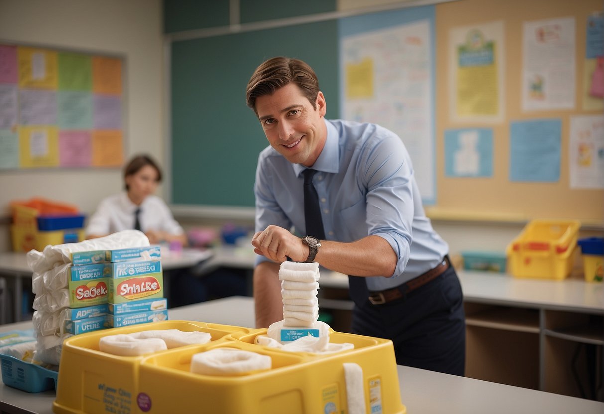A classroom with a stack of diapers on a desk, a teacher pointing to a sign that reads "Diaper Changing Station," and a student looking embarrassed