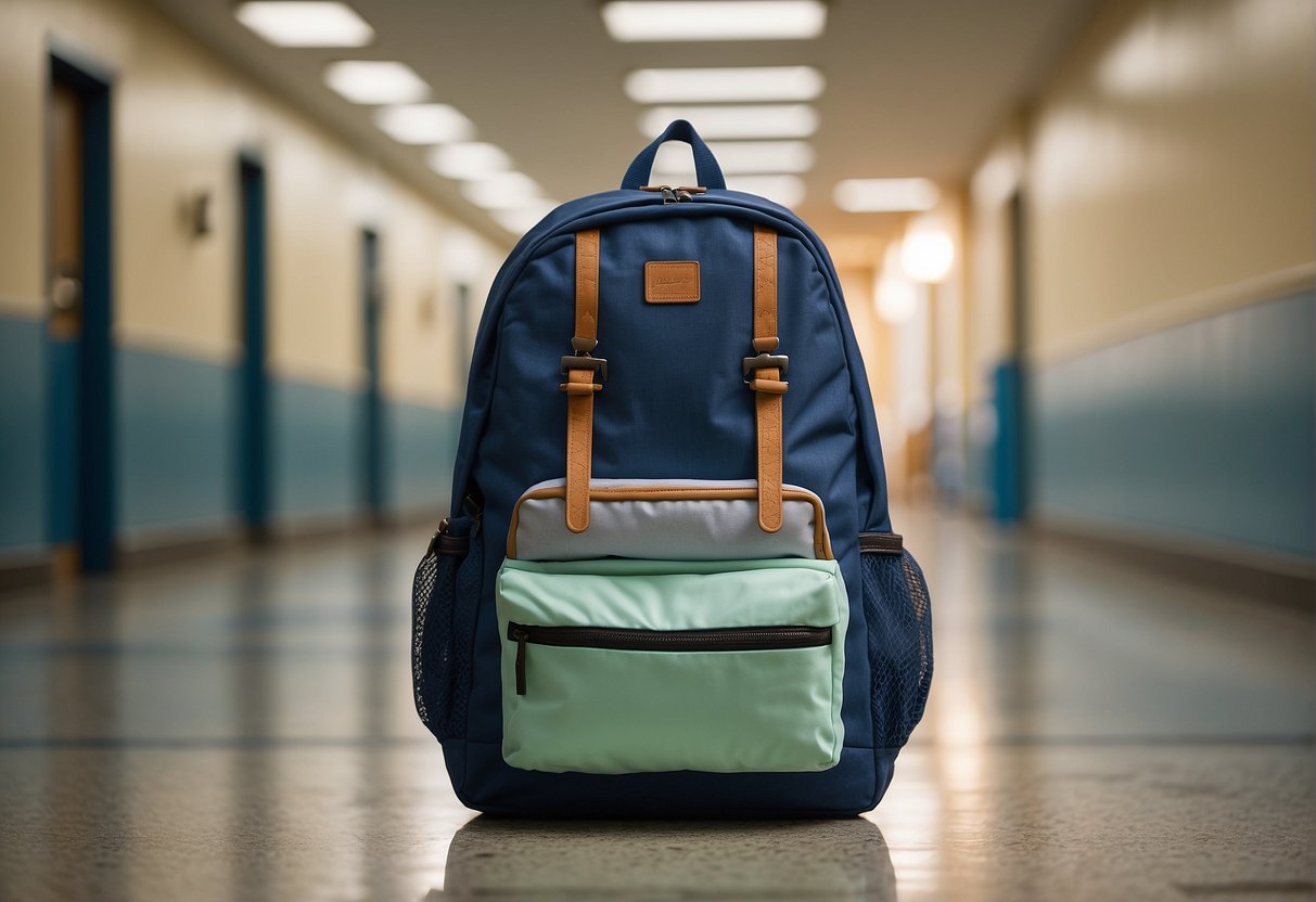 A student's backpack with diapers peeking out in a school hallway