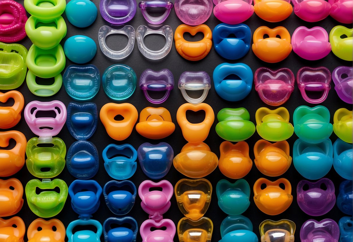 Different types of pacifiers arranged in a colorful display, including orthodontic, silicone, and latex options. A variety of shapes, sizes, and colors are visible