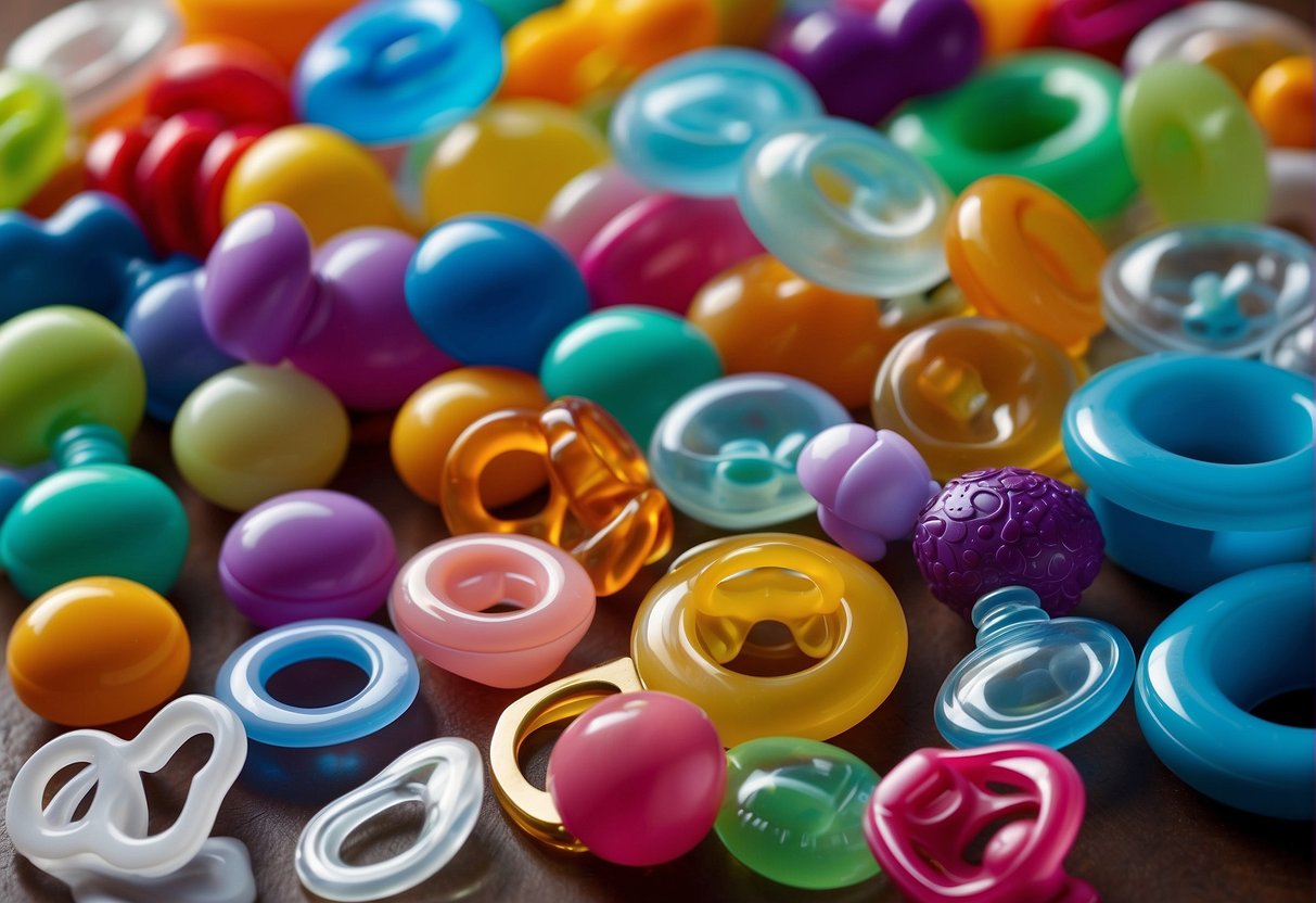 A variety of pacifiers displayed on a table, including silicone, rubber, and orthodontic types. Labels indicate age suitability and cleaning instructions