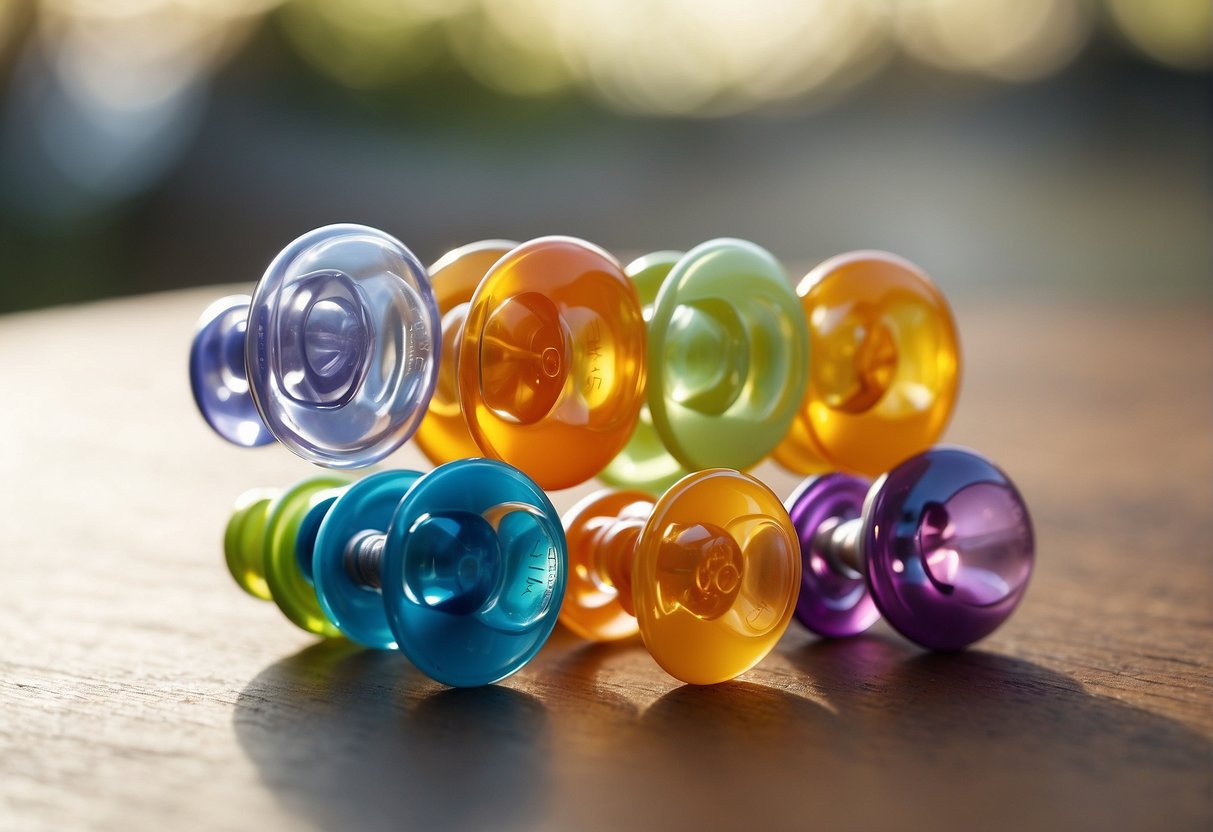 A group of pacifiers arranged by age group: infant, toddler, and preschooler. Each pacifier has a distinct size and shape