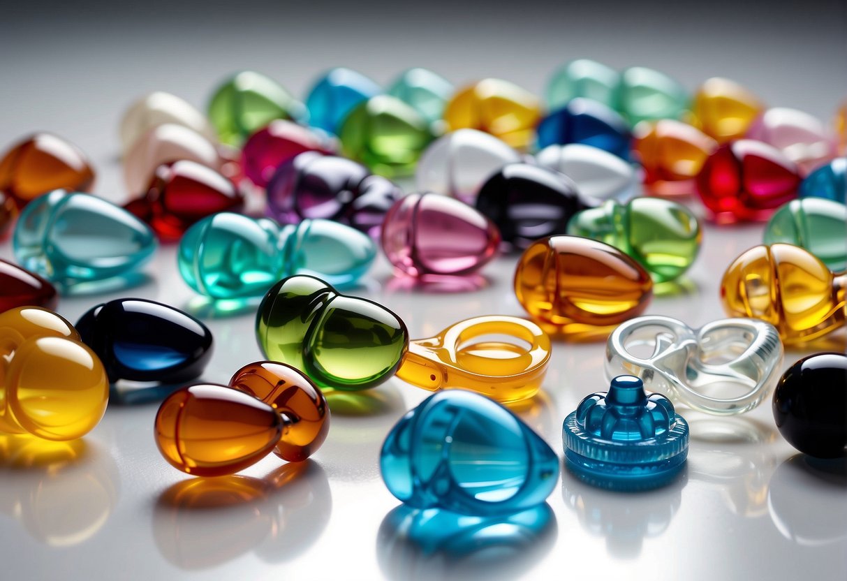 Various pacifiers in different shapes and sizes arranged on a clean, white surface