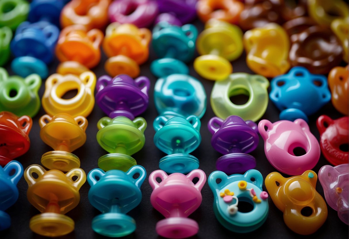 A variety of specialty pacifiers arranged in a colorful display, featuring different shapes, sizes, and designs