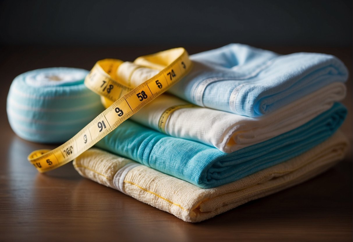 A stack of cloth diapers in various sizes and thicknesses, with a measuring tape nearby for comparison