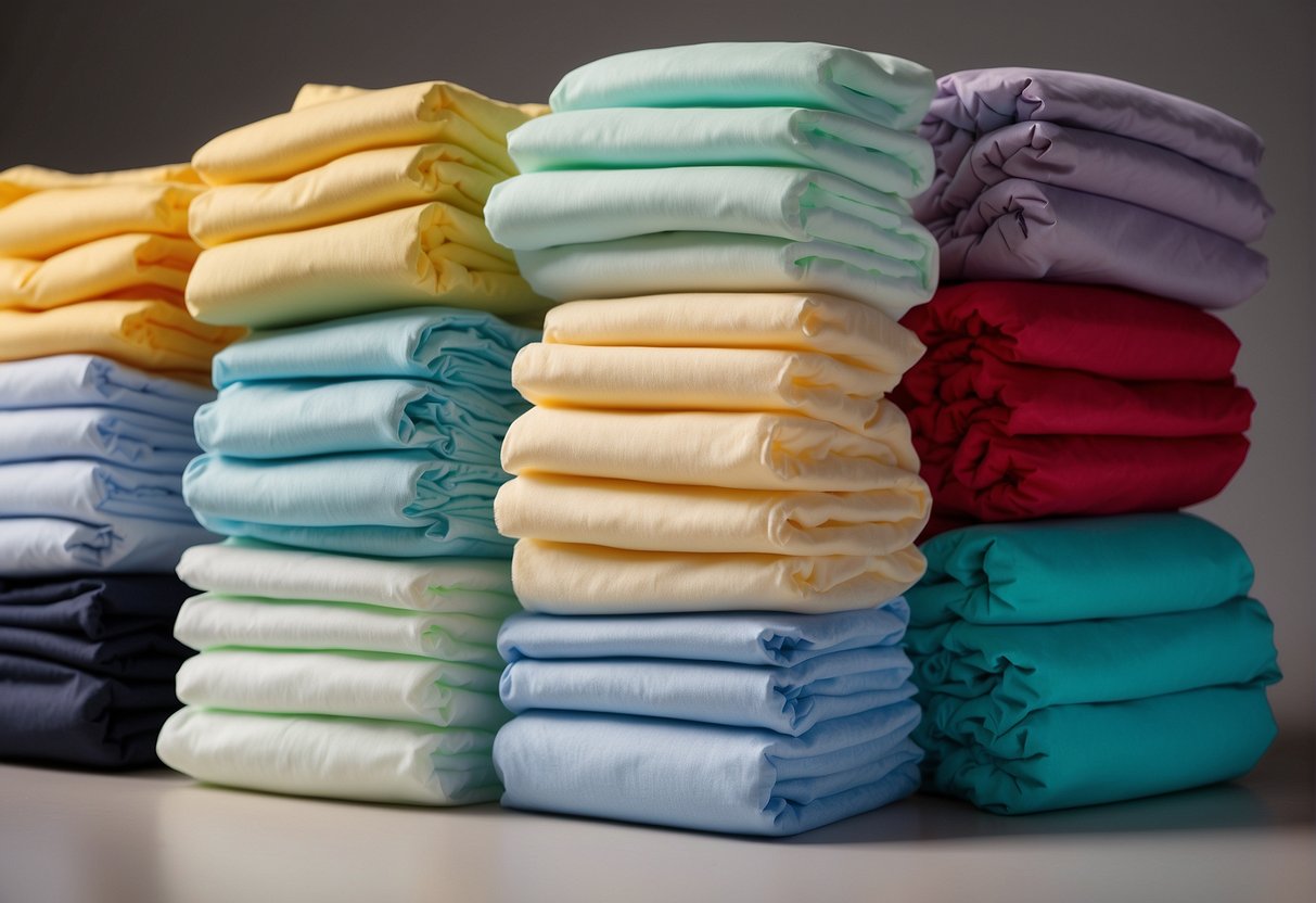 A stack of cloth diapers arranged neatly, with a variety of folding and fitting techniques demonstrated to reduce bulkiness