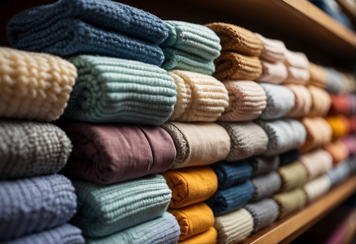 A variety of baby blankets made from different materials, such as soft cotton, cozy fleece, and warm knitted wool, are neatly folded and displayed on shelves