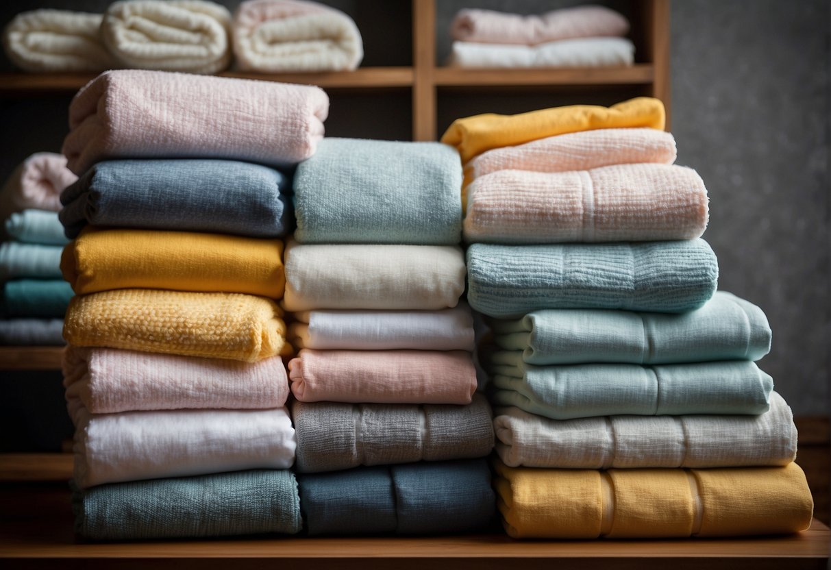 A variety of baby blankets, including swaddle, receiving, and crib sizes, are neatly folded and displayed on a shelf