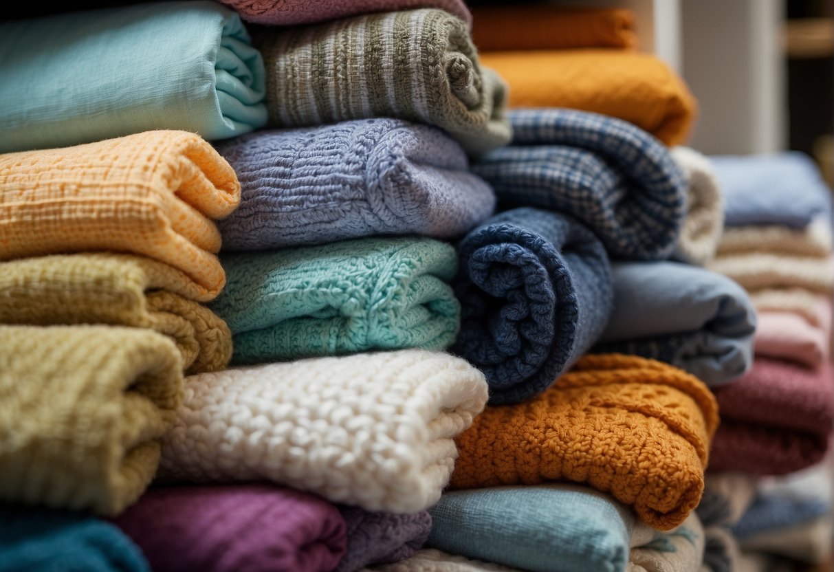 A variety of baby blankets lay neatly folded on a shelf, showcasing different textures, colors, and patterns