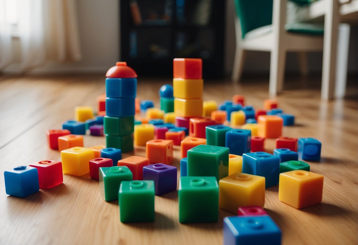 Colorful plastic blocks scattered on a soft, carpeted floor, with a toddler-sized table and chairs in the background