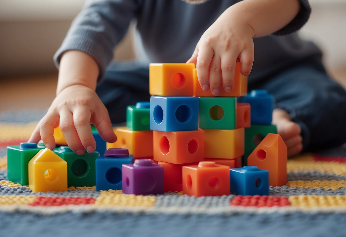 Colorful plastic blocks scattered on a soft mat, with various shapes and sizes. A toddler reaching for a block, while others are stacked and scattered around