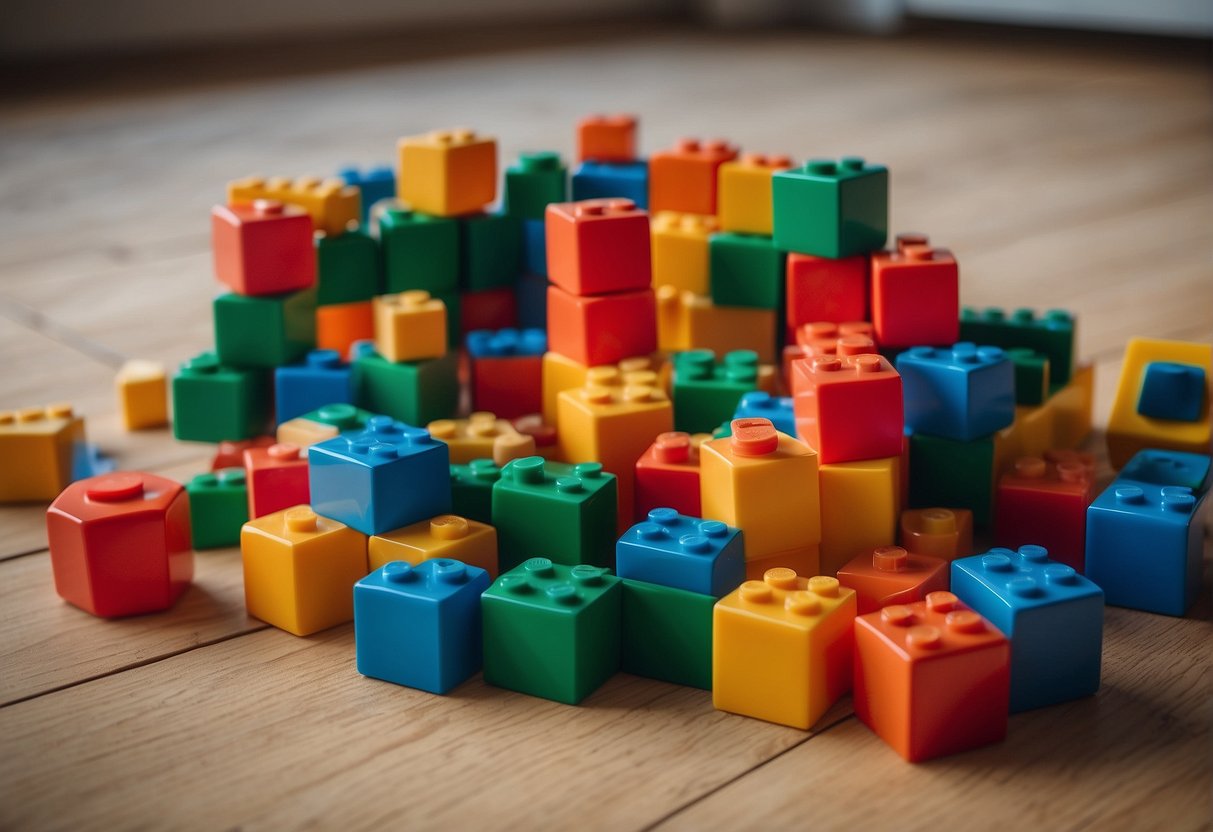 A colorful array of building blocks scattered on a soft, cushioned floor, with various shapes, sizes, and textures for toddlers to explore and learn from