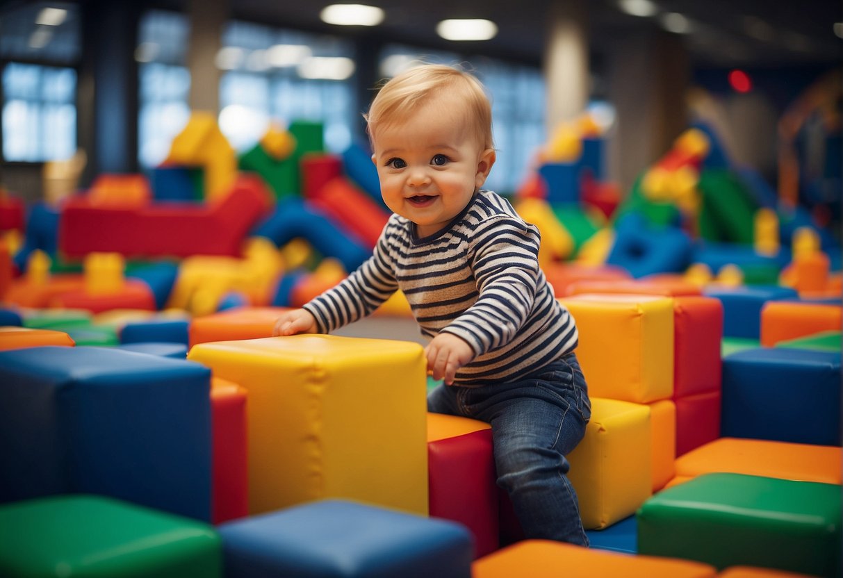 Toddlers play with soft, large building blocks in a padded play area with safety mats and barriers