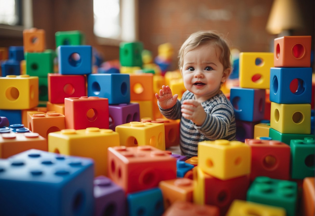 Toddlers stack colorful blocks on a soft, cushioned mat, surrounded by various shapes and sizes of building blocks. Bright colors and different textures stimulate their senses and encourage imaginative play