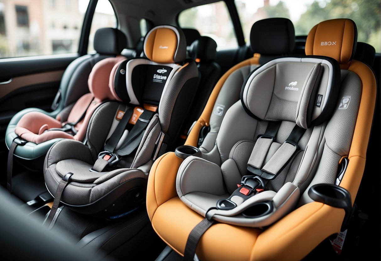 A lineup of car seats: infant, convertible, booster. Each with safety features and adjustable straps