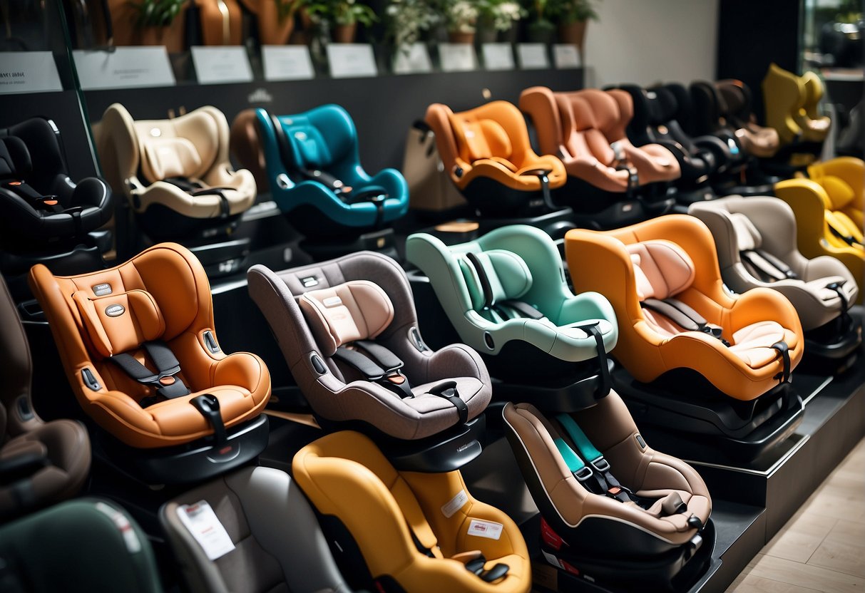 An array of infant car seats displayed in a store, showing different types and designs