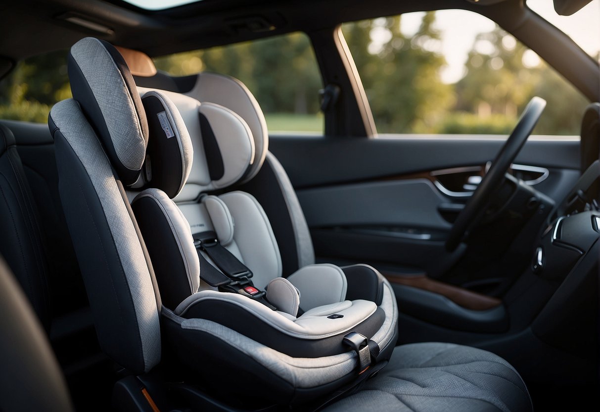 A convertible car seat is shown in a car, with different types of car seats displayed nearby for comparison