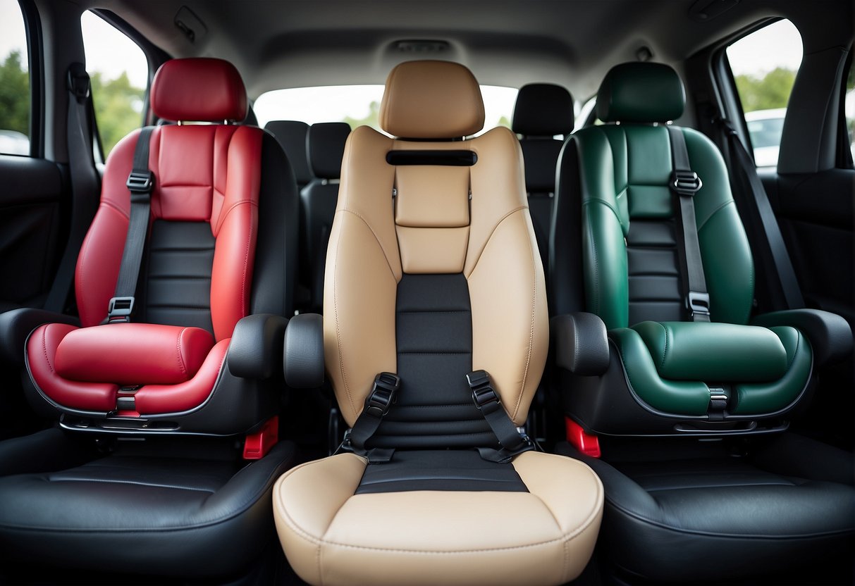 Different types of booster seats arranged in a row, showcasing the variety of designs and styles available for car seats