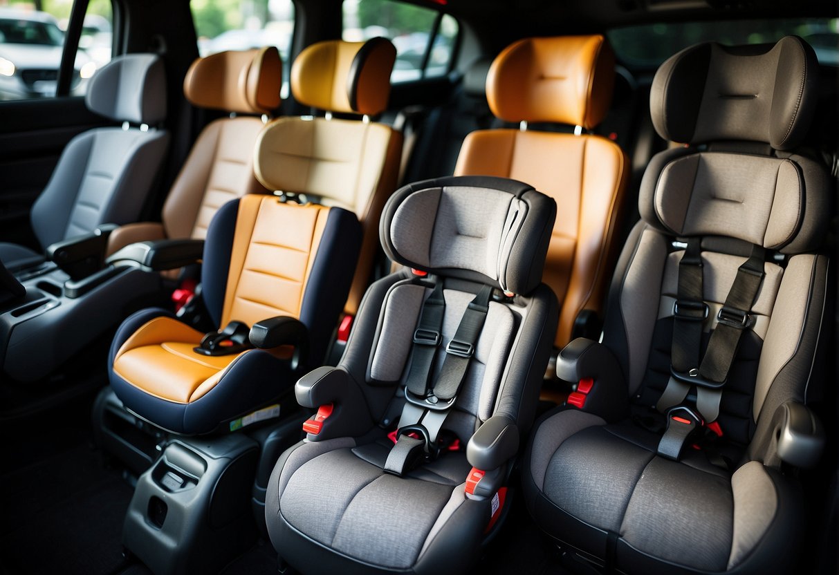 A variety of all-in-one car seats displayed in a row, including rear-facing, forward-facing, and booster seat options