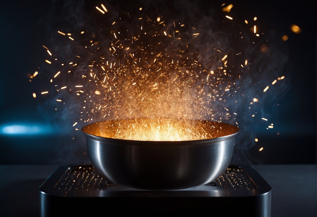 A metal bowl sparks in a microwave, emitting bright flashes and smoke. The surrounding area is filled with a strong smell of burning metal
