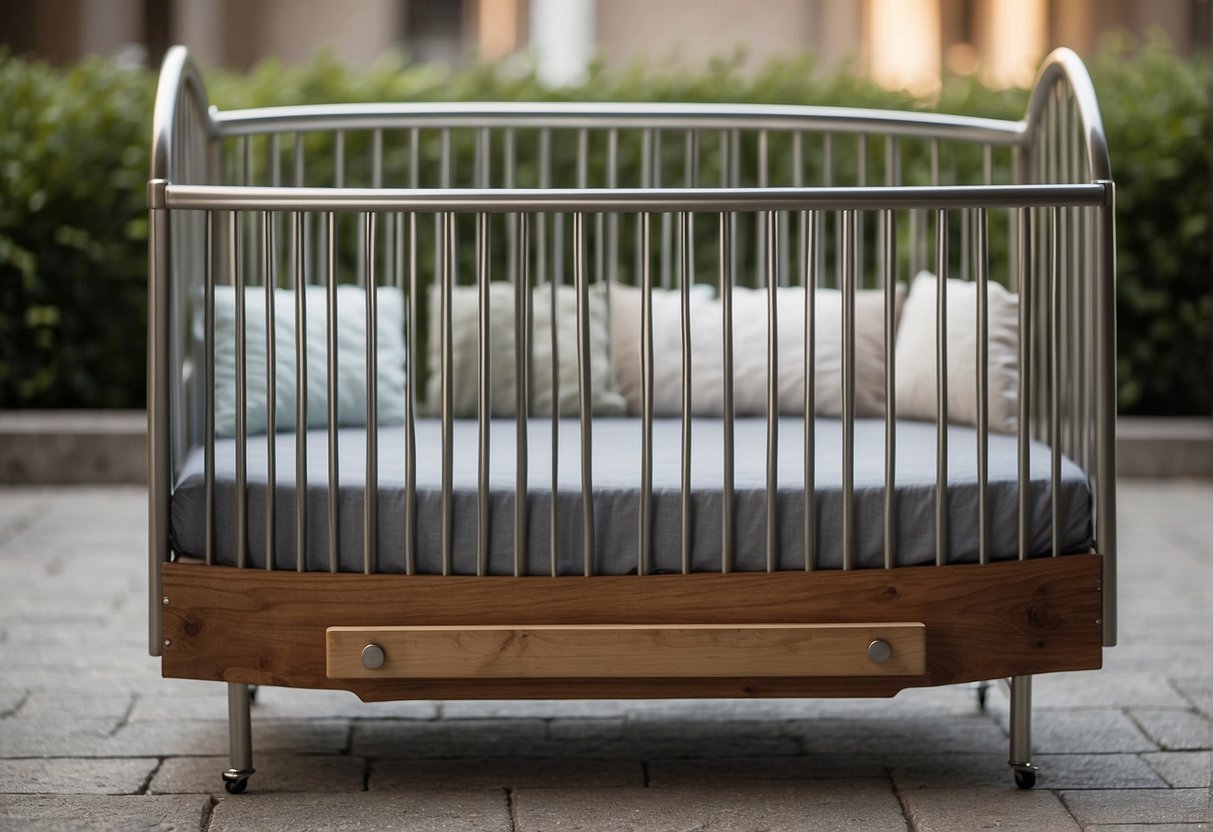 A metal crib stands sturdy and sleek, contrasting with a wooden crib. The metal crib exudes modernity and durability, while the wooden crib exudes warmth and tradition