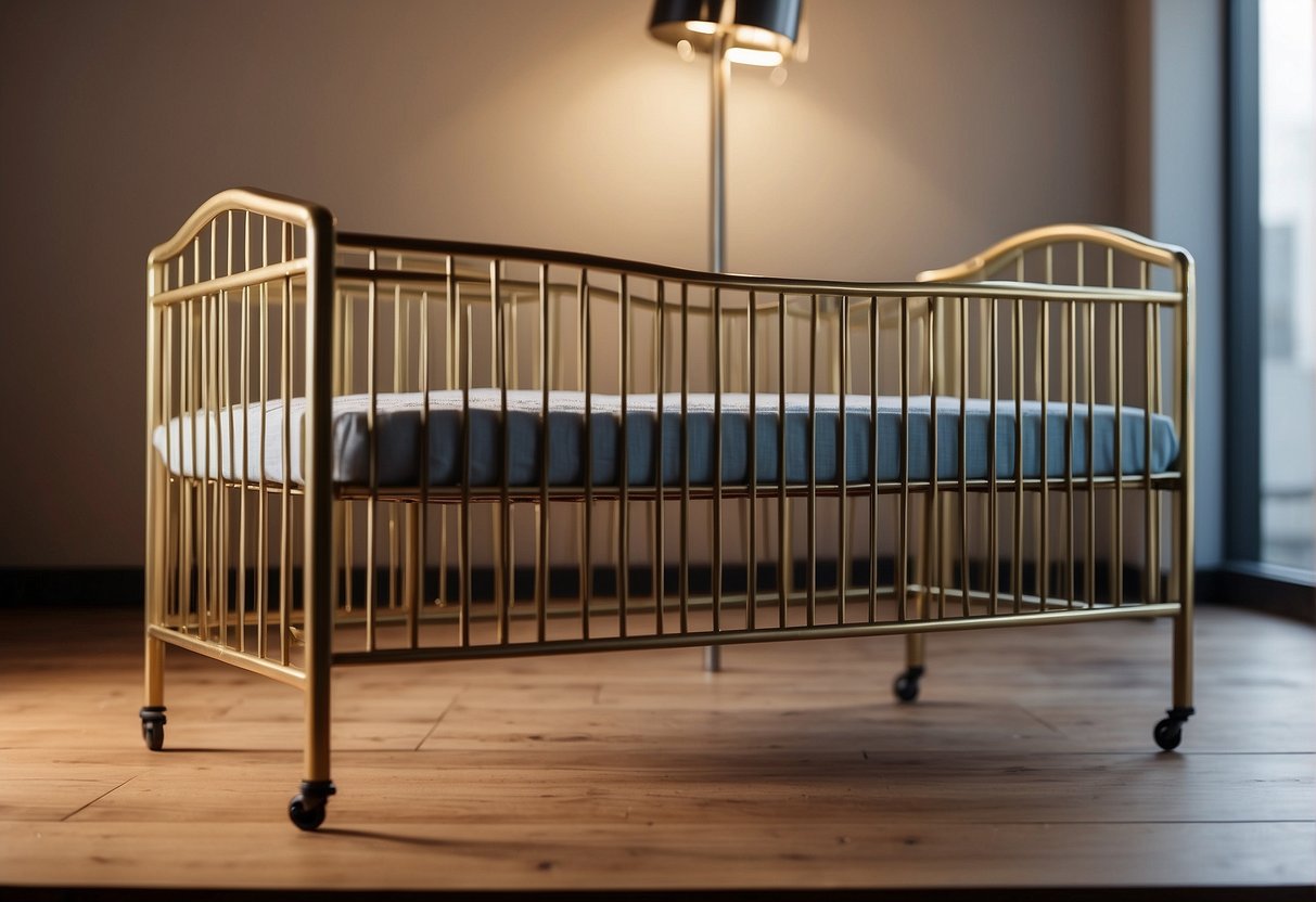 A metal crib stands next to a wooden crib. Both cribs are identical in size and design, allowing for a clear visual comparison of the two materials