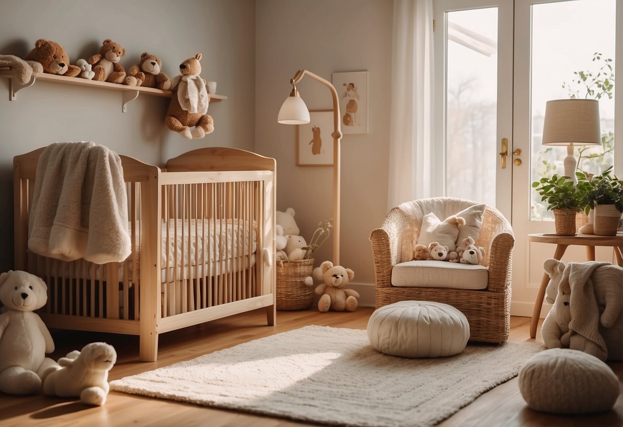 A cozy nursery with a crib bathed in warm sunlight, surrounded by soft toys and a gentle mobile, creating a peaceful and safe environment for a baby