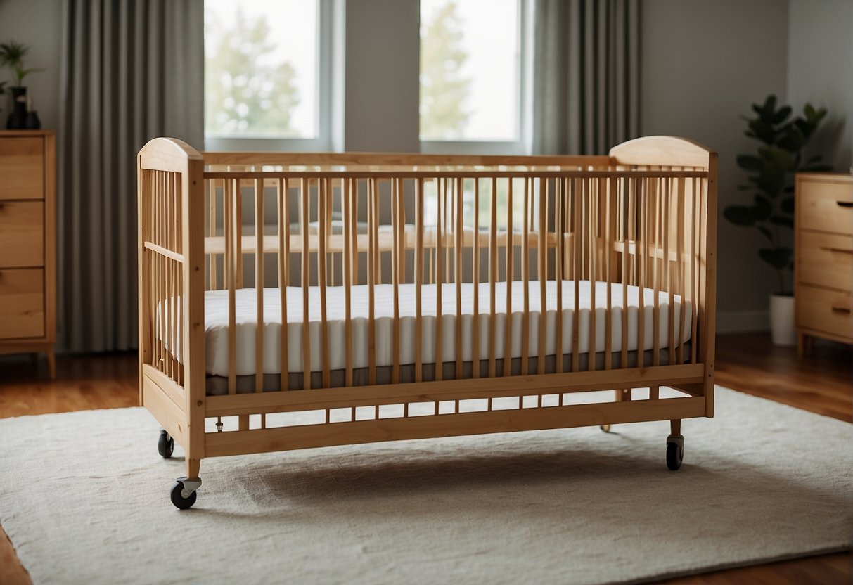 A sturdy crib with safety rails and a secure locking mechanism. Soft bedding and a soothing mobile add comfort and security