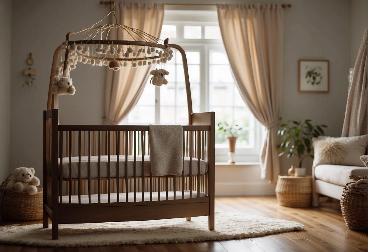 A cozy crib with soft bedding, a mobile hanging above, and a gentle rocking motion, creating a peaceful and comfortable sleep environment