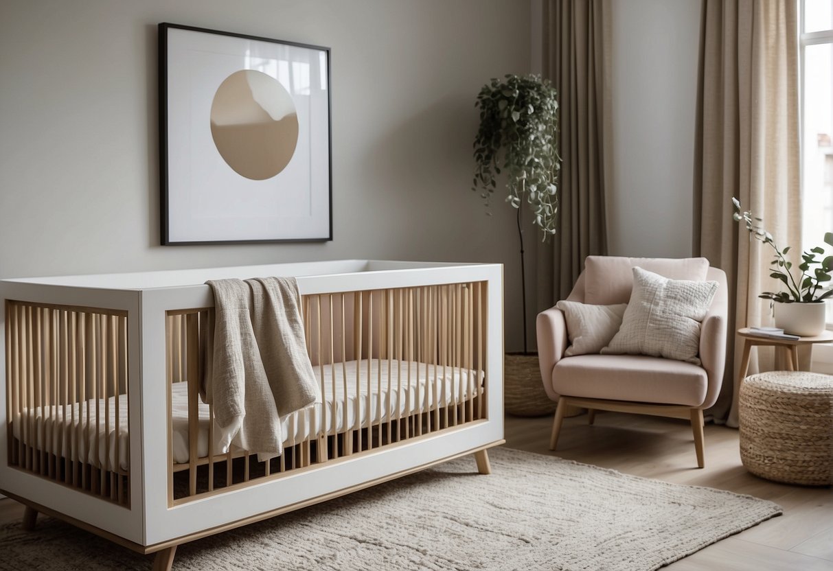 A modern crib with sleek lines and a minimalist design, surrounded by soft, neutral-toned bedding and decorative pillows. The crib is placed in a well-lit, airy room with clean, uncluttered surroundings