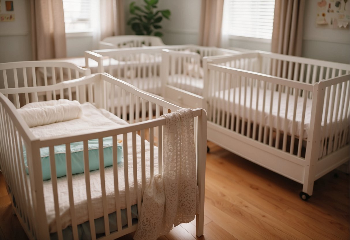 A nursery with various types of cribs displayed, including traditional, convertible, and portable models. Bright colors and soft bedding add a cozy touch